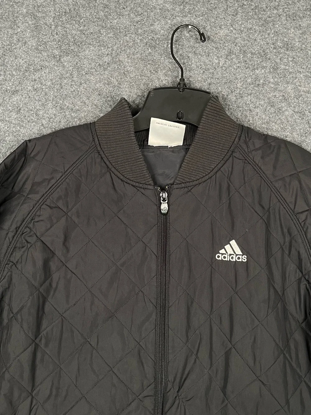 Adidas Quilted Bomber Jacket Mens Large Black Tricot Logo 3 Stripes Full Zip